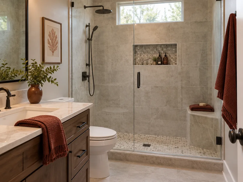 Finished Virginia Beach bathroom with a tiled walk-in shower, frameless glass and a wall niche